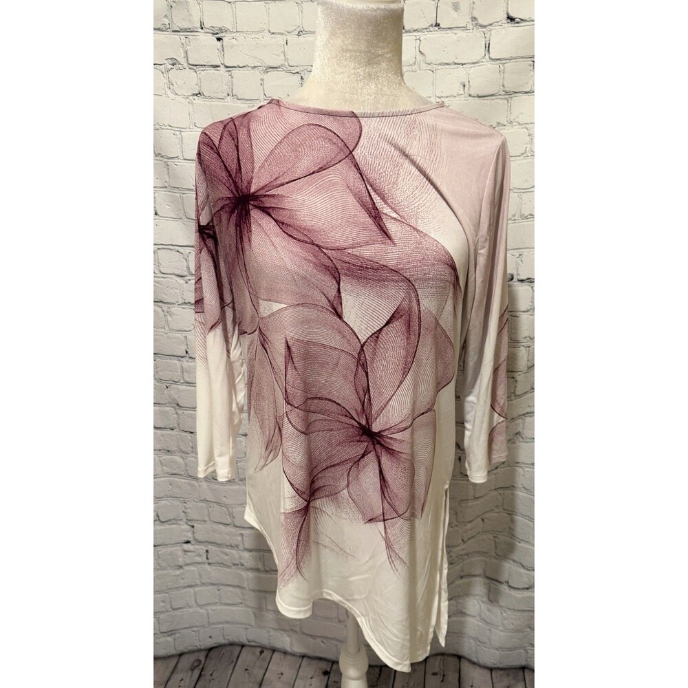 Chico’s Easywear Asymmetrical Hem Floral Chic Long Sleeve Blouse Top 1 Medium
